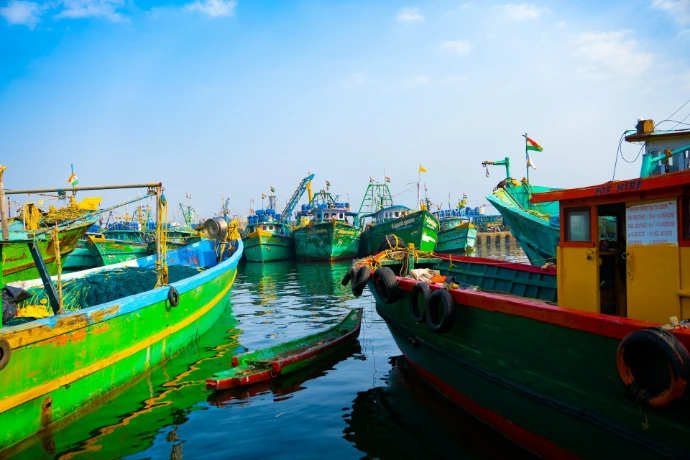 Many colorful fishing boats docked in the harbor.